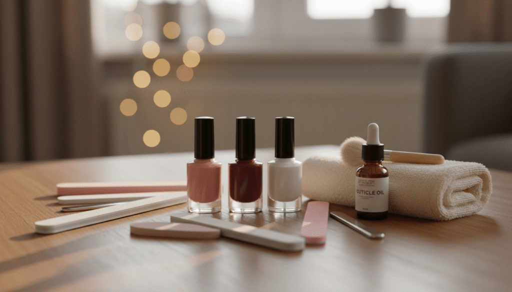 木のテーブルの上に並んだネイルケア用品。ピンク・レッド・ホワイトのマニキュアボトルやキューティクルオイルが整然と置かれている