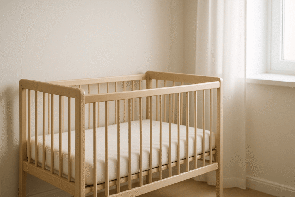 明るい部屋に置かれたナチュラルウッドのベビーベッド。シンプルで清潔感のあるデザインのインテリア