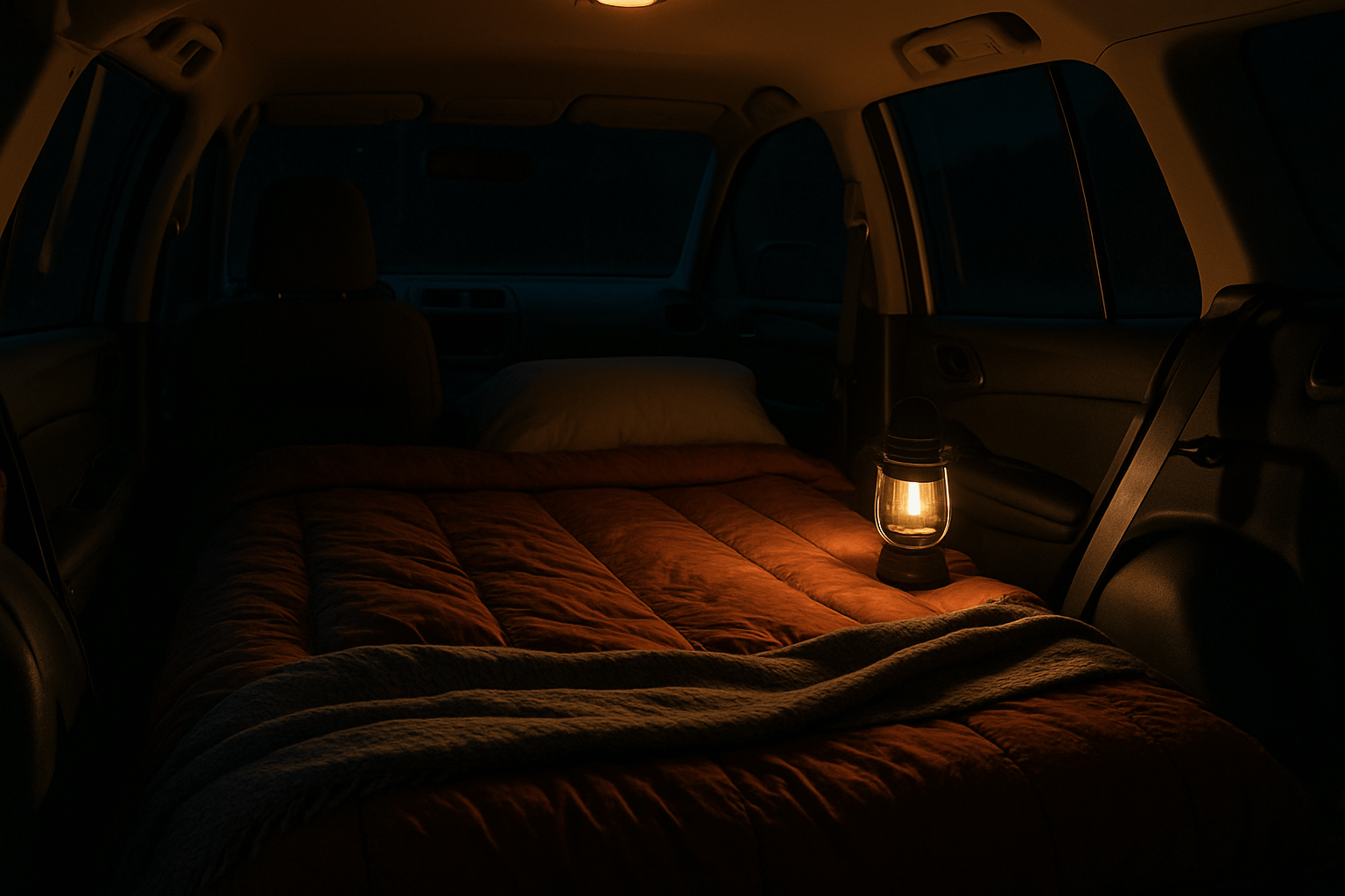 夜の車内でランタンが柔らかく灯り、寝袋と枕がセットされた落ち着いた車中泊の雰囲気