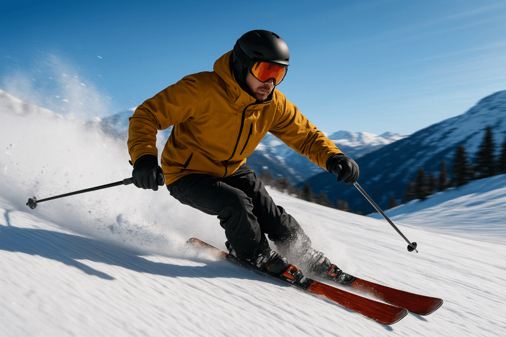 マスタード色のジャケットを着たスキーヤーが山の斜面を滑り降りるアクションショット