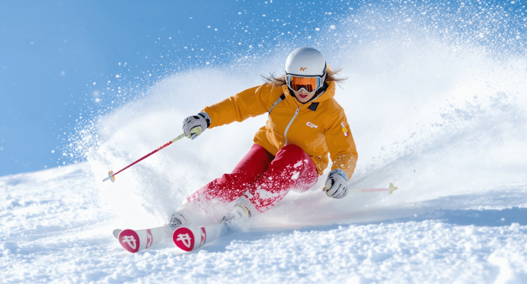 黄色のジャケットと赤いパンツを着たスキーヤーが雪面を削りながらターンしている迫力あるアクション写真