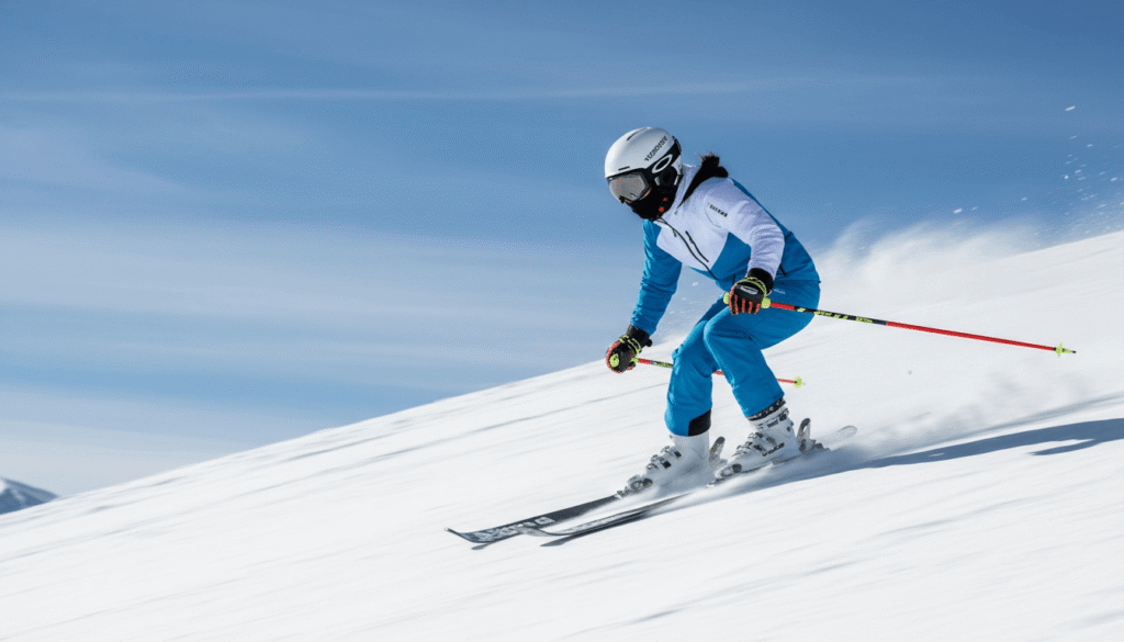 白と水色のスキーウェアを着たスキーヤーが雪の斜面をスピード感ある動きで滑走している写真