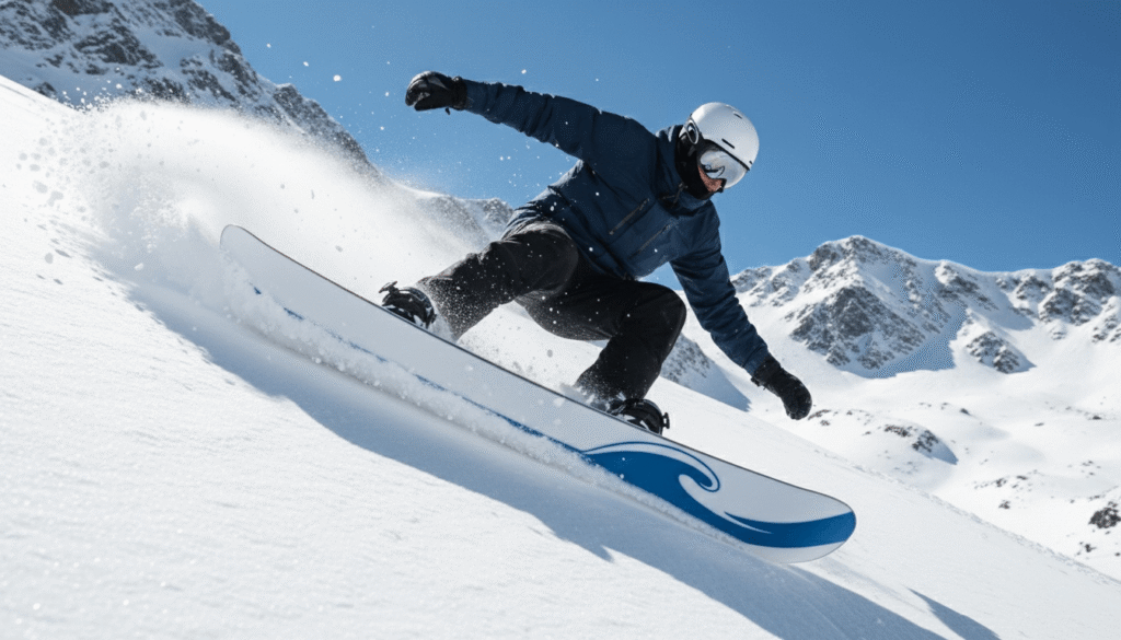 強い日差しの中、粉雪を巻き上げながら滑走するスノーボーダーのアクション写真