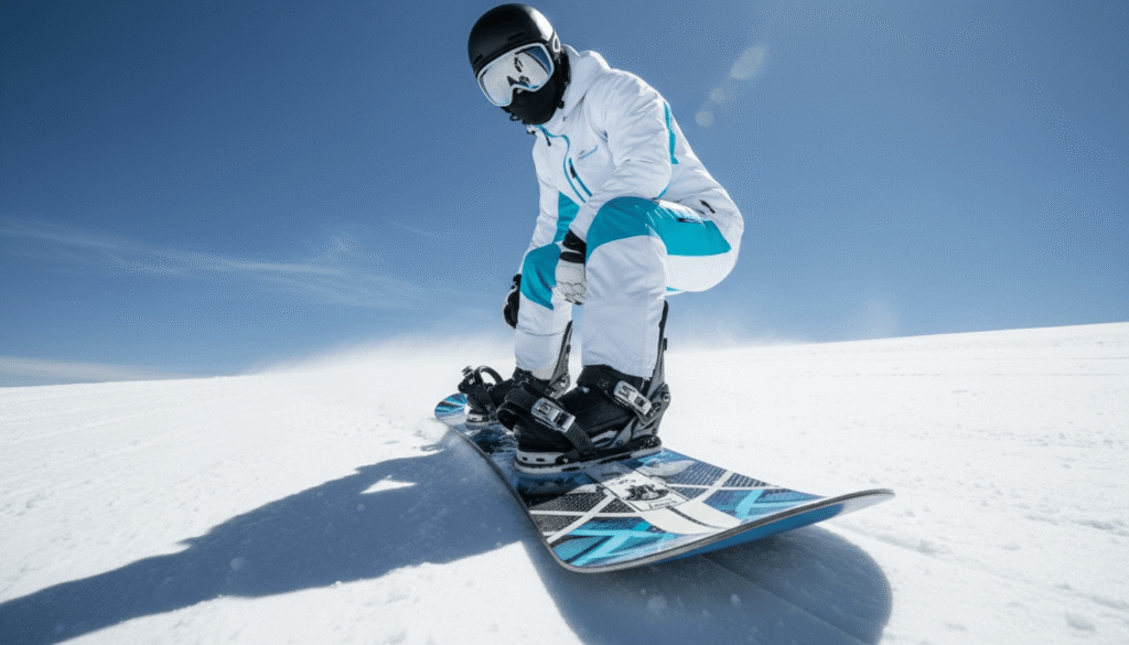 青空の下、白と水色のスノーボードウェアを着たスノーボーダーが斜面を滑るアクションシーン