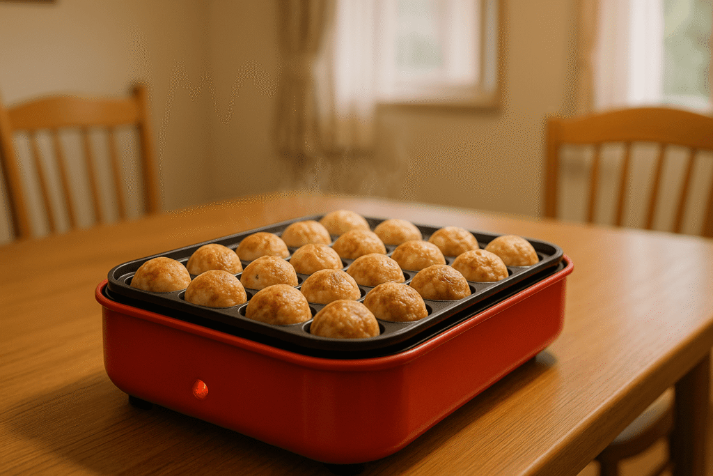 ホットプレートで焼き上がった熱々のたこ焼きが並ぶ家庭料理の写真