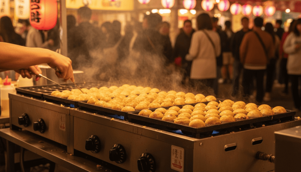 日本の祭り屋台で大量のたこ焼きを焼いている様子を捉えた写真