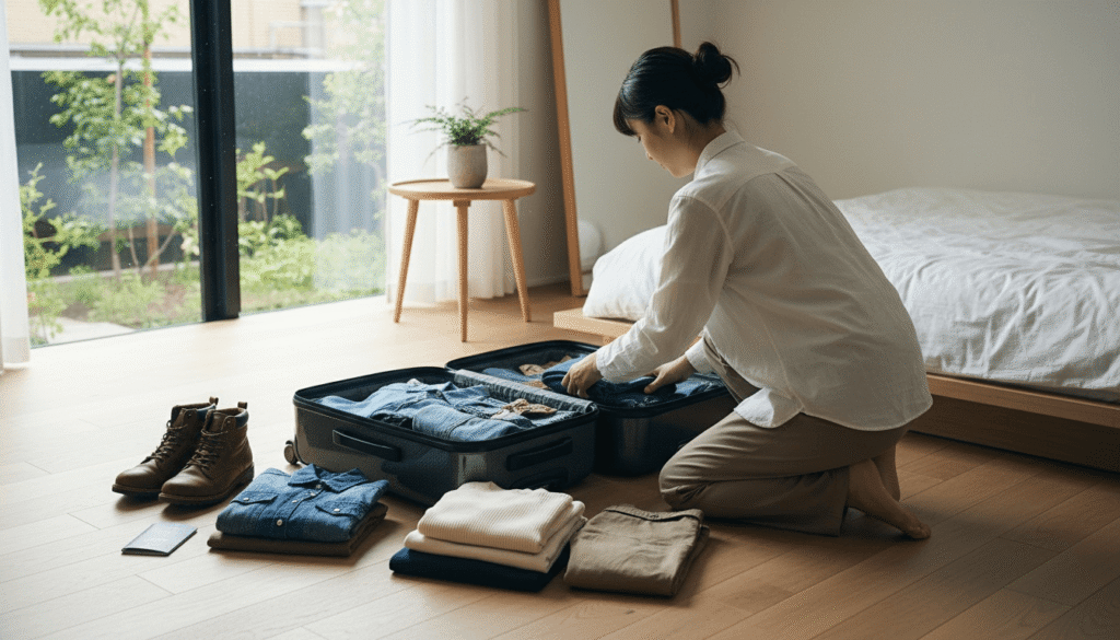 明るい部屋で衣類を丁寧にスーツケースへ詰める女性の荷造りシーン