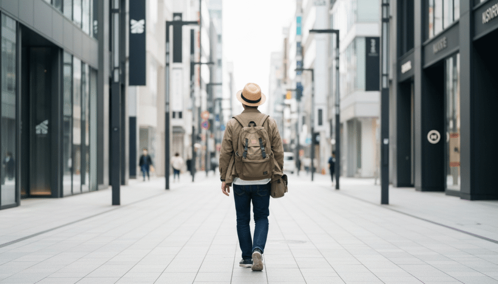 バックパックを背負い街中を歩く旅行者の後ろ姿を捉えた写真