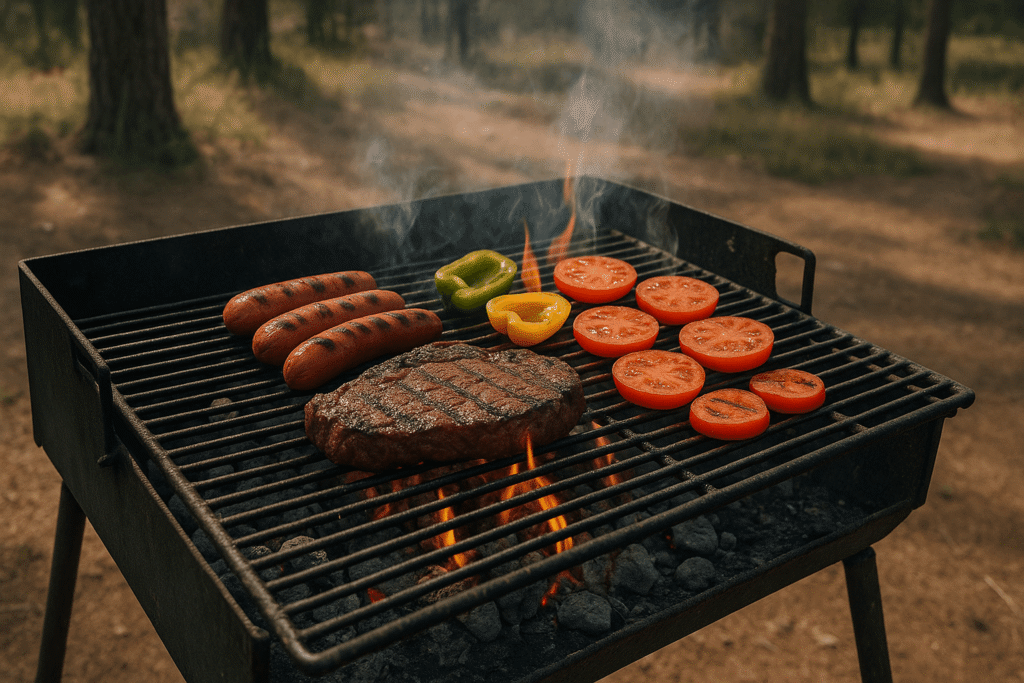 キャンプ場で炭火グリルの上にステーキと野菜が並び、煙が上がっているバーベキューの写真