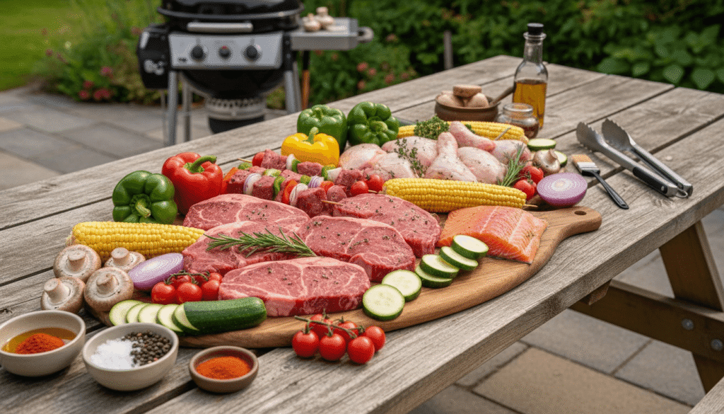 木製テーブルの上にステーキ肉、サーモン、野菜、スパイスなどのバーベキュー食材が美しく並べられた準備シーンの写真