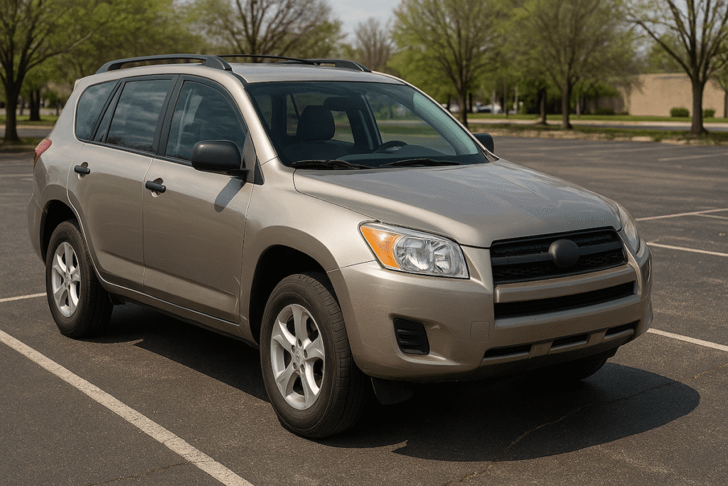 屋外の駐車場に停められたベージュの中古SUVを斜め前から撮影した写真