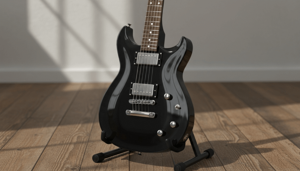 ギタースタンドに立て掛けられた黒のノンブランドエレキギターを木製フローリングの上で撮影した写真