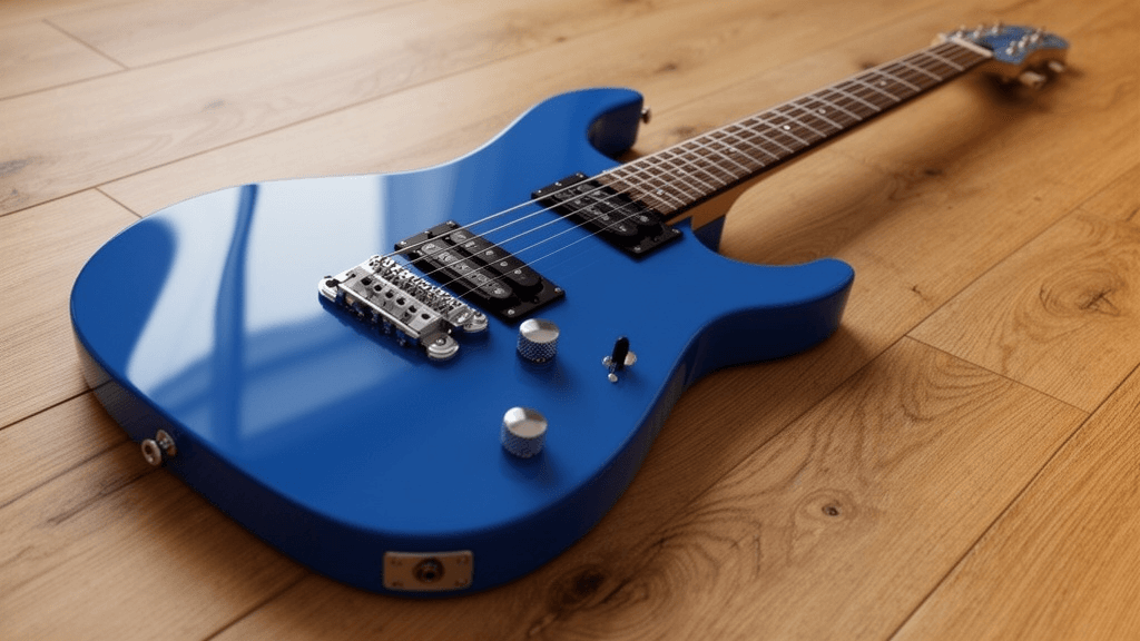 木製フローリングの上に置かれたブルーのノンブランドエレキギターの写真