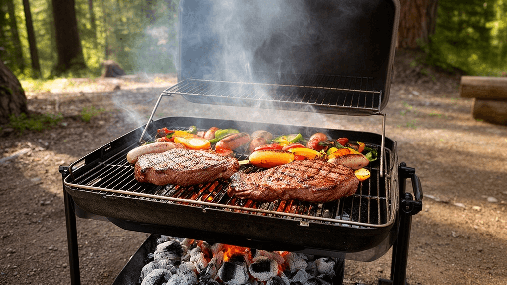 炭火グリルの上でソーセージ、ステーキ、トマト、ピーマンなどが焼かれている様子の近接写真