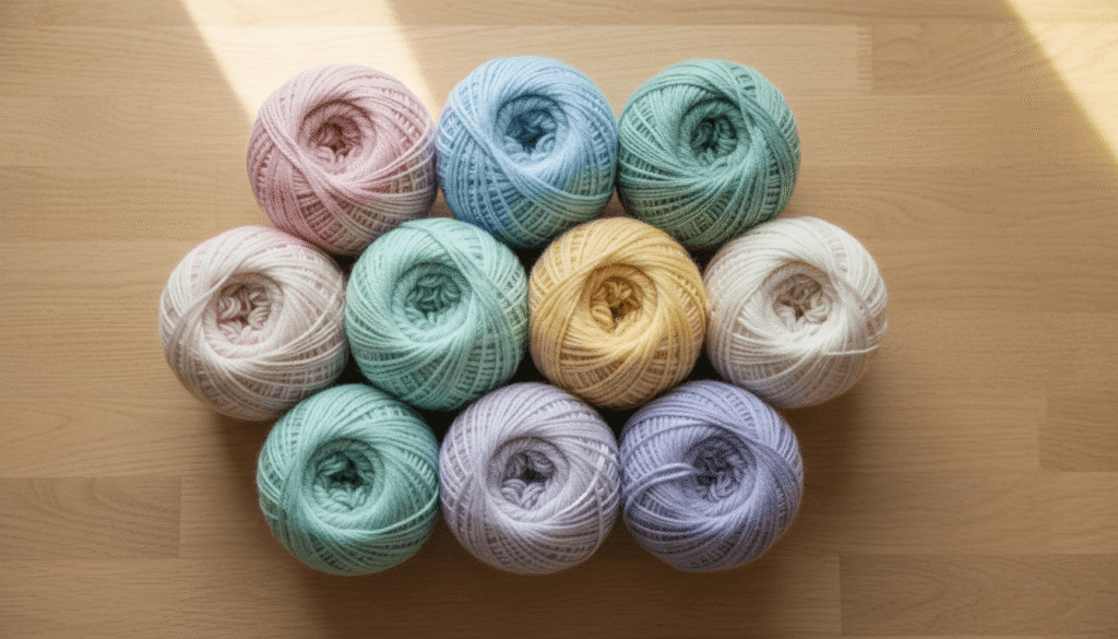 パステルカラーの毛糸玉が10個きれいに並べられたトップビューの写真