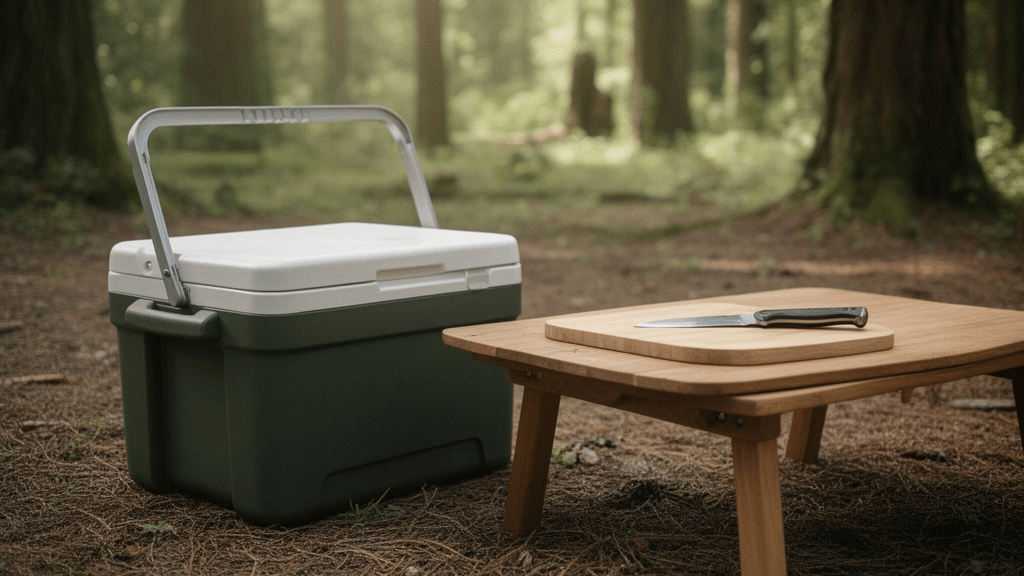 森の中のキャンプ場で、クーラーボックスの隣に置かれた木製テーブルとナイフが写ったアウトドアシーンの写真