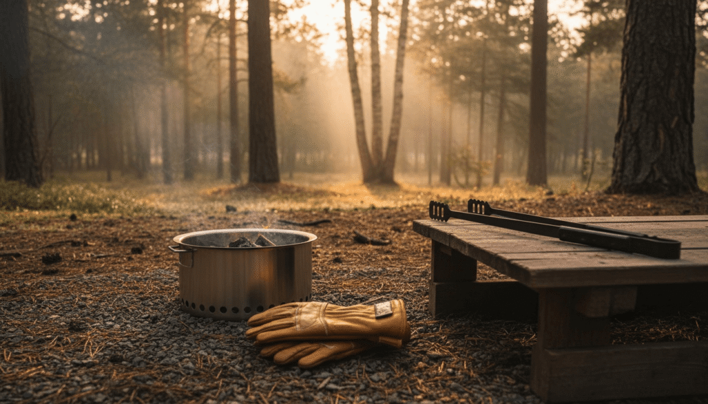 キャンプ場で焚き火台の前に耐熱手袋と薪ばさみが置かれ、朝日が差し込む雰囲気のあるキャンプシーンの写真
