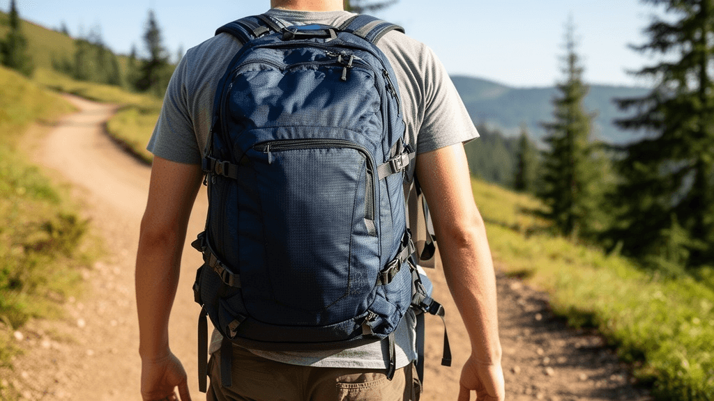 登山道を歩く登山者の後ろ姿で、大きな登山リュックが写っている写真