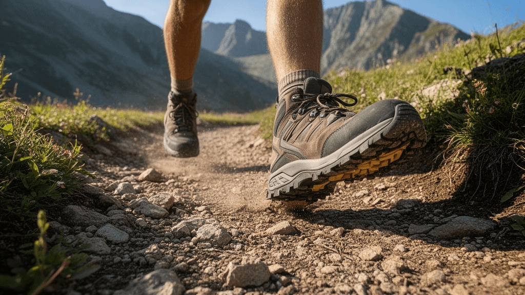 岩の多い登山道を登山靴で踏みしめながら歩く様子を捉えた写真