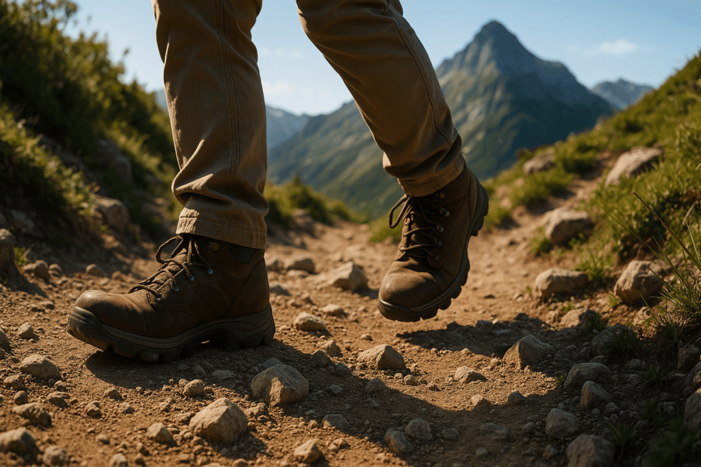 山道を歩く登山者の足元を写した写真。登山靴と岩の多い登山道が見える。