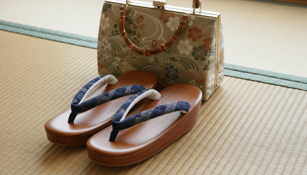 畳の上に並べられた草履と和柄のバッグを写した和装小物の写真
