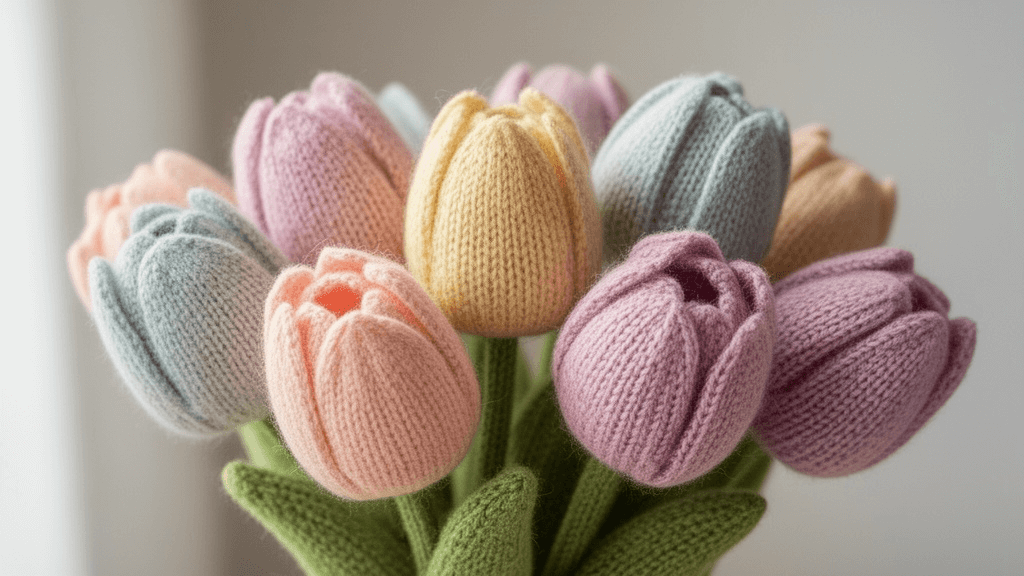 パステルカラーの毛糸で作られた手編みのチューリップのブーケを撮影した写真