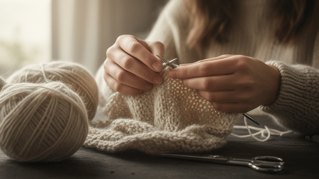 毛糸を使ってセーターを編んでいる手元のクローズアップ写真