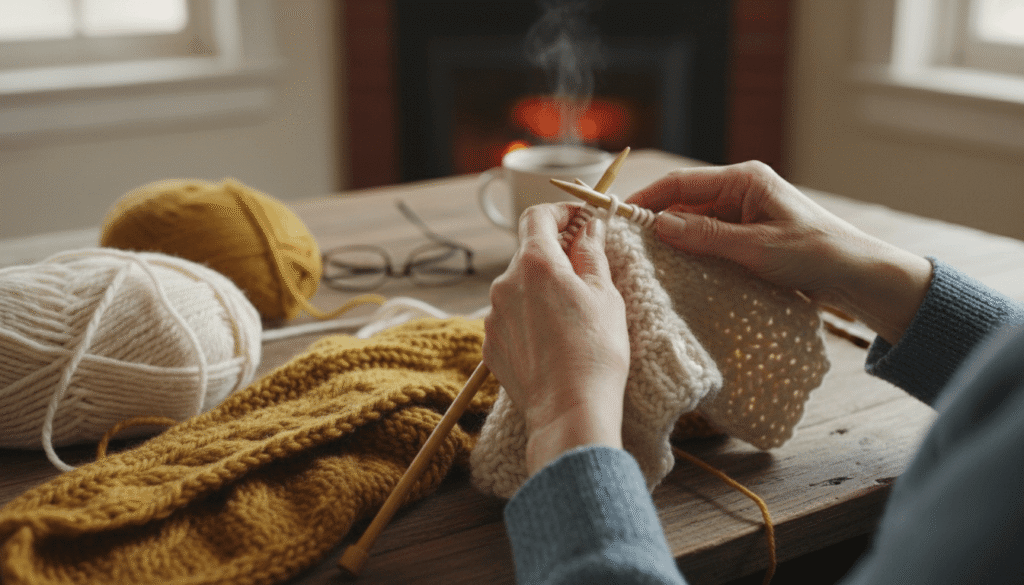 暖かい室内で毛糸玉を並べながら編み物をしている手元の写真