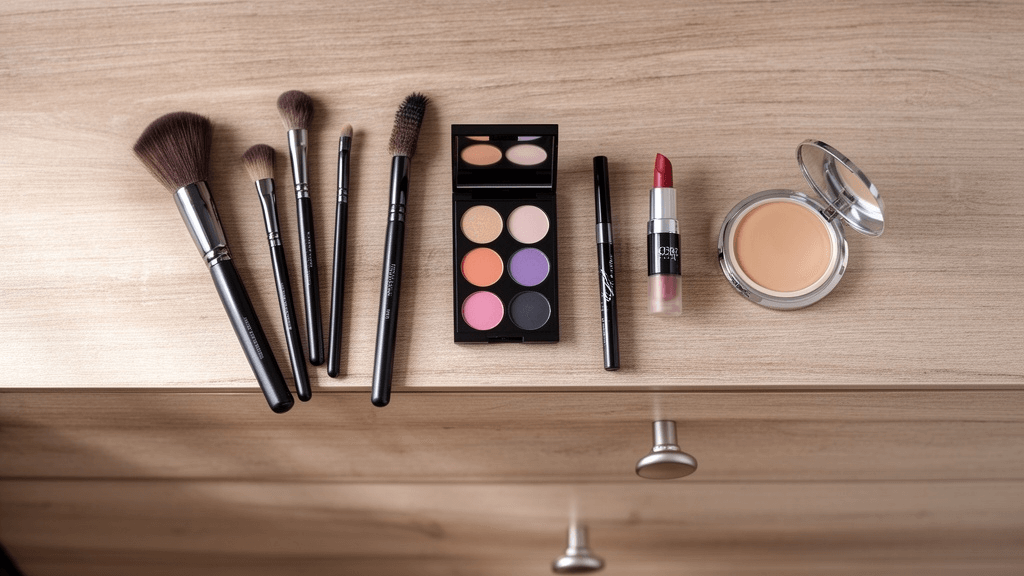 メイクブラシ、アイシャドウパレット、リップ、コンパクトファンデーションなどが木製デスクに並べられた写真