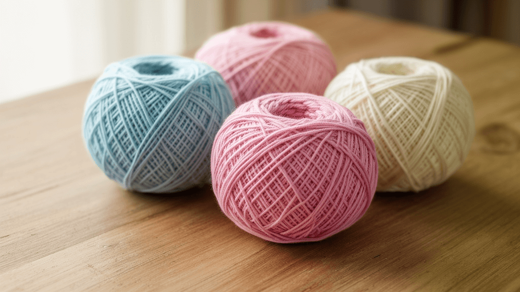 木製テーブルの上に淡いピンク・ブルー・クリーム色の毛糸玉が並んでいる写真