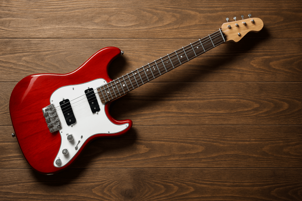 赤いボディに白いピックガードを備えたエレキギターが木製の床に置かれた写真