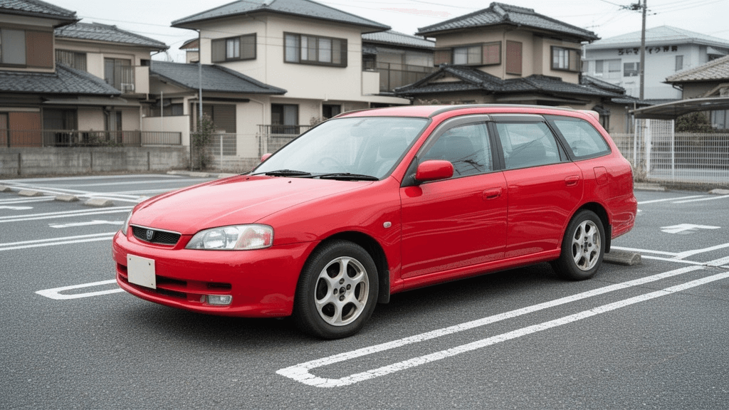 赤いステーションワゴンの中古車が住宅街の駐車場に停められている様子を撮影した写真