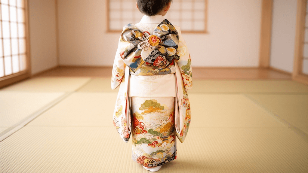 七五三の着物を着た女の子が和室で立っている後ろ姿の写真