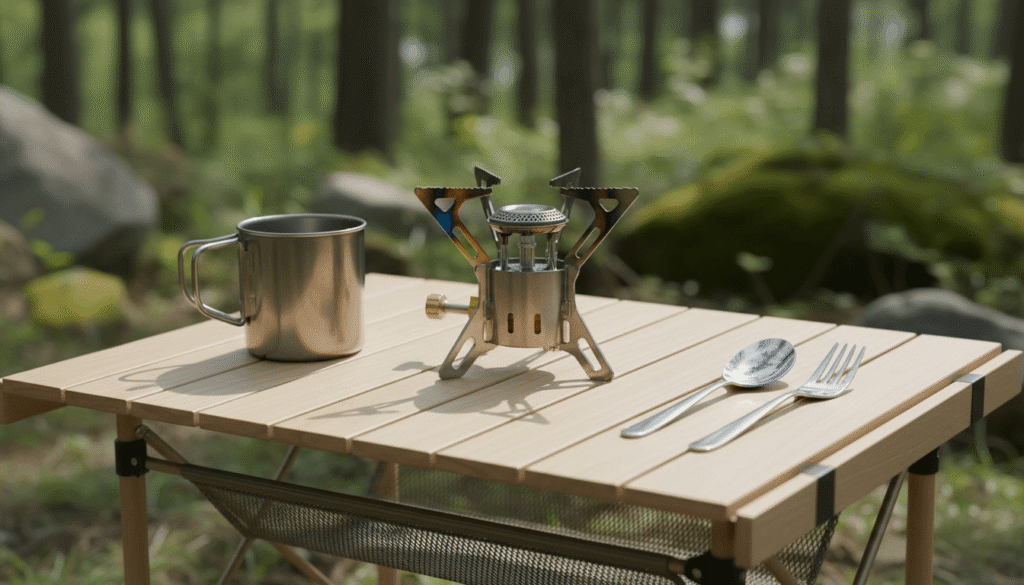 森の中でテーブル上にシングルバーナーとステンレスマグ、スプーンとフォークが並んだキャンプ風景の写真