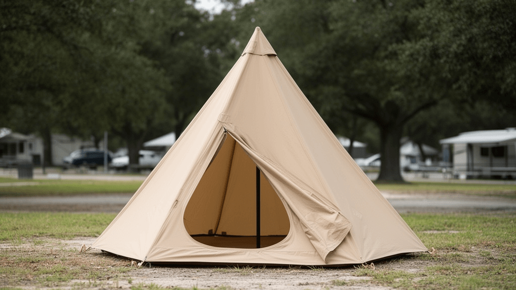 屋外に設営されたベージュ色のワンポール（ティピー型）テントの写真